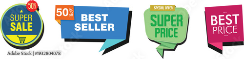 Collection of colorful sale and best seller stickers on white background
