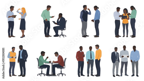 Diverse professionals interacting in various office settings and collaborative environments from multiple viewpoints