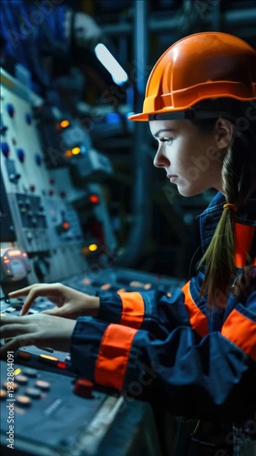 A woman, dressed in an orange work uniform and hard hat, is operating a control panel with buttons and switches. She is focused on her task in an industrial setting.