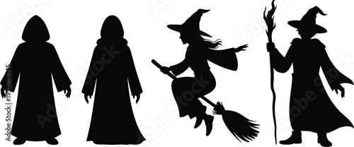 Black wizard and witch silhouettes set with broomstick and staff isolated on white background for fantasy, magic, and Halloween design concept