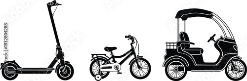 Electric Kick Scooter Kids Bicycle with Training Wheels and Three Wheeled Covered Mobility Scooter Silhouette Vector Icons Isolated on White