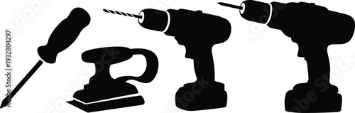 Black screwdriver, electric drill, and sander silhouettes set isolated on white background for construction, carpentry, and home improvement tools concept