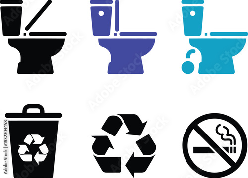 Icons representing toilet types and waste disposal guidelines