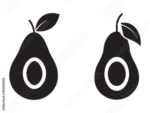 Two black pears with leaves on white background  fruit icons