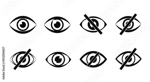Vector graphic illustration set of eye icons for visibility and invisibility controls, perfect for user interface design and privacy settings.