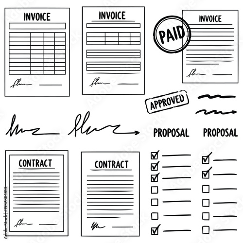 Hand Drawn Business Documents Invoices Contracts Proposals Paid and Approved Stamps Checklists