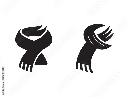 Two black silhouette scarf and hat accessories for winter clothing  fashion items for cold weather  scarf wrapped around neck and hat on head  isolated on white background