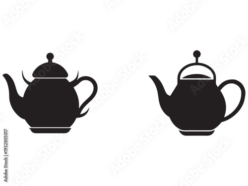 Two black silhouette teapots with lids on white background for kitchenware design  tea brewing symbols