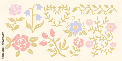 Cross stitch embroidery floral elements in soft spring colors. Pixel lace rose, bell flower, rosehip and leaves. Vintage cottagecore needlecraft design. Vector illustrations