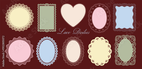 Set of crochet lace ornate doilies in soft colors. Vintage trendy frames with scalloped edges and floral ornaments. Coquette label templates for wedding invitation, card design. Vector graphic