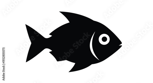 Simple black vector graphic illustration of a stylized fish icon with prominent fins and a circular eye design