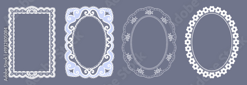 Set of ornate lace frames and doilies with swirls and floral details. White crochet border templates for wedding and anniversary design. Vintage elegant embroidery vector graphic