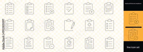Audit and financial compliance icons set, thin line business assessment report and tax document verification vector illustration