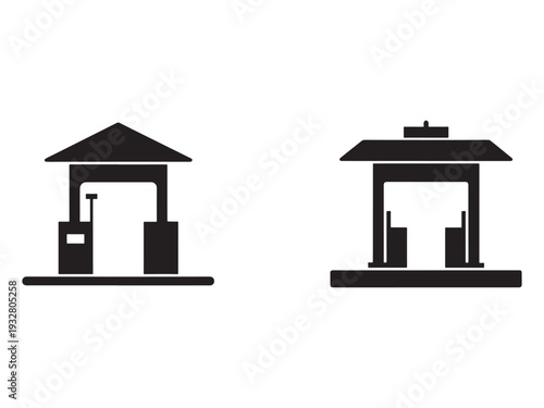 Two black silhouettes of gas stations with pumps and roofs on flat surfaces