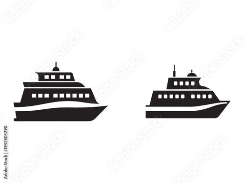 Two black silhouettes of cruise ships or ferries with multiple decks and rows of windows on white background  side view