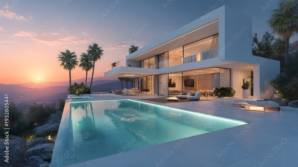 Fototapeta premium Modern luxury villa with a glowing infinity pool and minimalist white design, surrounded by lush tropical palm trees under a golden sunset.