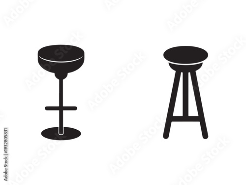 Two black stools one with adjustable height and footrest and one with three legs on white background