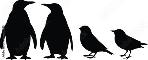 Black penguin and crow silhouettes set isolated on white background featuring arctic seabird and perching bird wildlife design concept