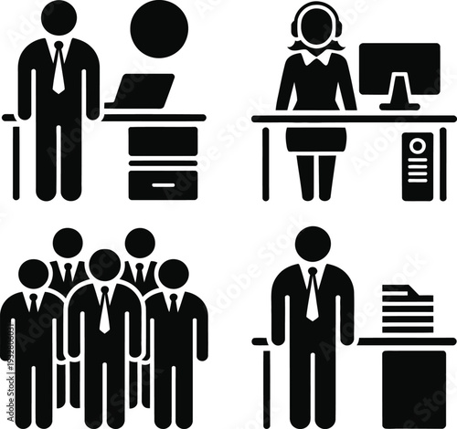 Illustrations of various office and professional work scenarios