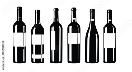 A selection of six different stylized black and white vector graphic illustrations of various wine bottles showing blank labels for customization.