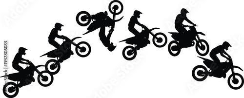 Motocross rider silhouette dirt bike jump stunt sequence extreme sport motorcycle action black vector illustration isolated