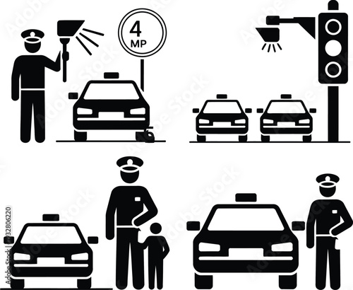 Police officers directing traffic and enforcing speed limits in a city scene