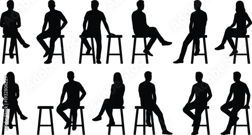 People sitting on stool silhouette set men and women seated human figures vector illustration isolated collection