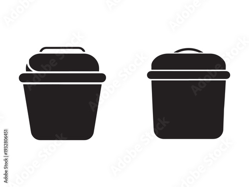Two black trash cans with lids and handles one with and one without trash bag  simple icons