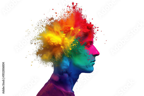 Human head exploding with vibrant color powder, representing idea explosion, creativity, and diverse thinking on transparent background