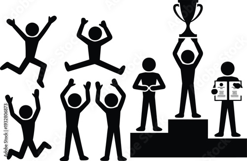 Celebrating success and achievement with diverse team members on a podium