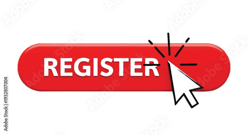 Vector graphic illustration showing a bright red button with white text reading register being selected by a white mouse cursor icon.