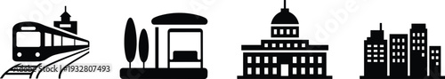 City transportation and public building silhouettes set with train, bus stop, capitol hall, and urban skyline isolated on white background for architecture concept