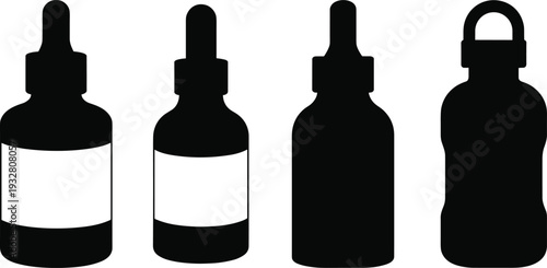 Black dropper bottle and cosmetic container silhouettes set isolated on white background for essential oil, skincare, and pharmaceutical packaging design concept