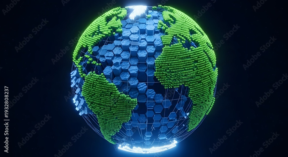 Fototapeta premium A glowing blue and green hexagonal globe representing Earth against a dark background