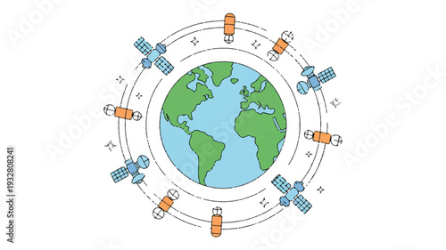 A minimalist line art illustration of a global satellite network orbiting Earth (2)_traced