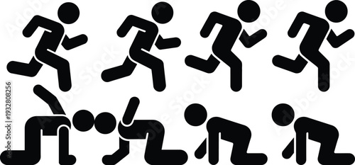 Sequence of black silhouette figures engaged in various dynamic and static poses.