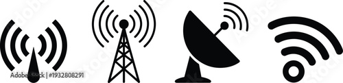 Wireless signal and satellite communication icons set with antenna tower, radar dish, and WiFi symbol isolated on white background for technology concept