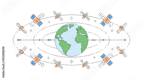 A minimalist line art illustration of a global satellite network orbiting Earth (3)_traced