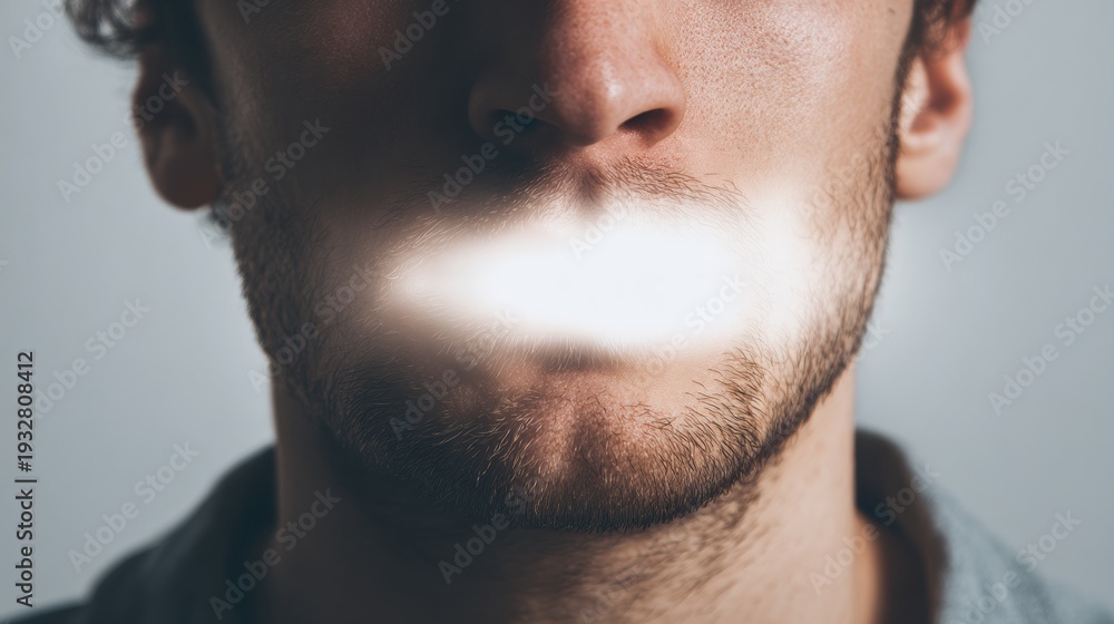 Obraz premium Human Face Fading Into White Space With Erased Mouth in Minimalistic Setting Under Soft Studio Lights Creating an Empty Background