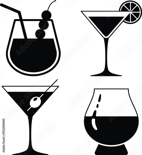 Four stylish black and white illustrations of classic cocktails in glasses