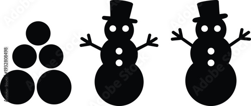 Black snowman silhouettes set with winter character, snow balls, and top hat figure isolated on white background for Christmas holiday design concept