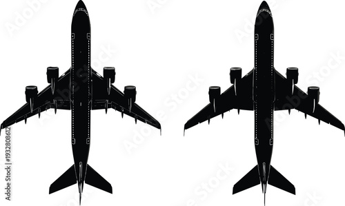Airplane top view silhouette set, commercial passenger aircraft isolated in black, aviation vector illustration design on white background