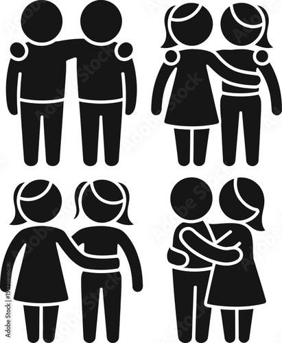 Four illustrations of people embracing in different group dynamics
