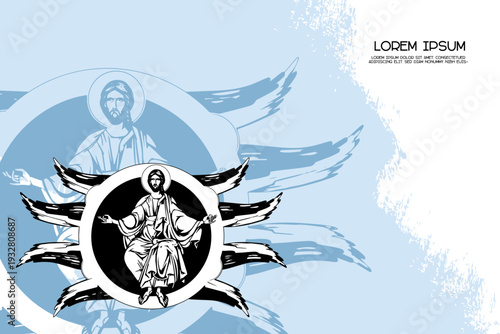 Religious vintage poster template with Ascension of Jesus. Christian illustration in Byzantine style