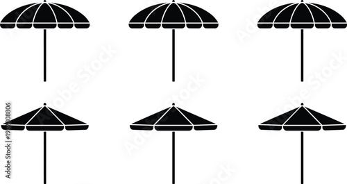 Black beach umbrella silhouette set, summer parasol icons collection in different angles, outdoor sunshade vector illustration isolated on white background