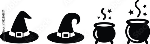 Black witch hat and magic cauldron icons set isolated on white background for Halloween decoration, spooky symbol, and mystical fantasy design concept