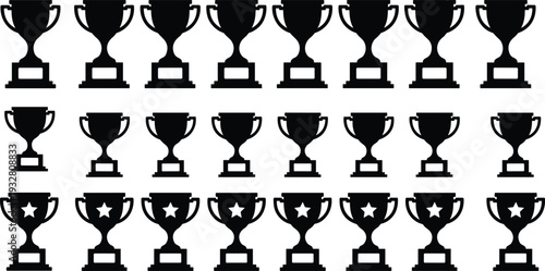 Black trophy cup icons set arranged in rows, winner award silhouette collection with star symbols, achievement competition vector illustration isolated background