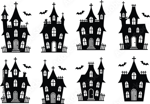 Haunted house silhouette collection with spooky Halloween mansions, bats and crooked fences isolated in black, vector illustration set on white background