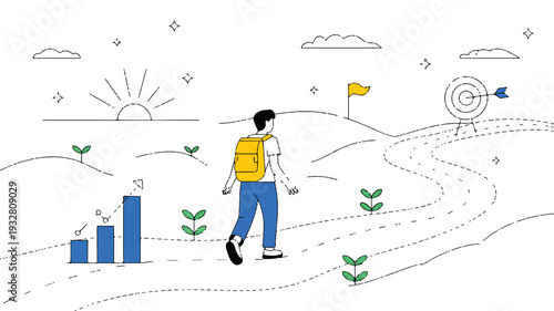 A minimalist line art illustration of a journey or growth path. In the center, a figure wearing blue pants and a yellow backpack walks along a winding dotted path (3)_traced