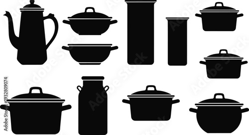 Kitchen cookware silhouette vector set featuring teapot, cooking pots, casserole dishes and milk can containers isolated on white background
